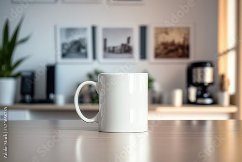 White mug on table and modern room background. Generative AI.