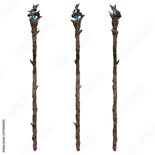 Fototapeta Naklejka Na Ścianę i Meble -  3d rendering isolated wooden magic staff with blue magical crystal