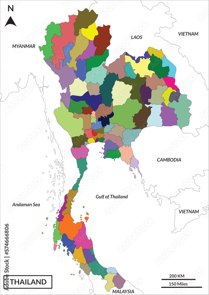 Obraz premium Map of Thailand includes border countries Myanmar, Laos, Cambodia, Vietnam, Gulf of Thailand, and Andaman Sea 