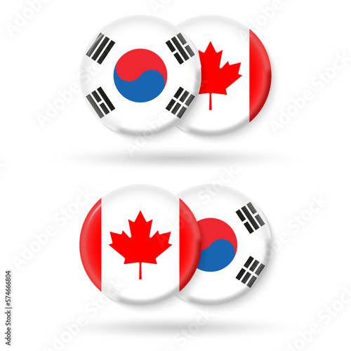 South Korea and Canada circle flags. 3d icon. Canadian and South Korean national symbols. Vector illustration.