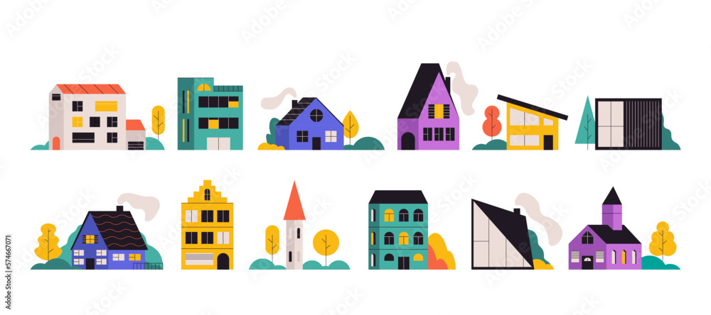 Abstract house set. Doodle architecture buildings trees, cartoon urban property estate village homes. Vector collection
