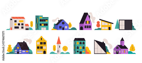 Abstract house set. Doodle architecture buildings trees, cartoon urban property estate village homes. Vector collection
