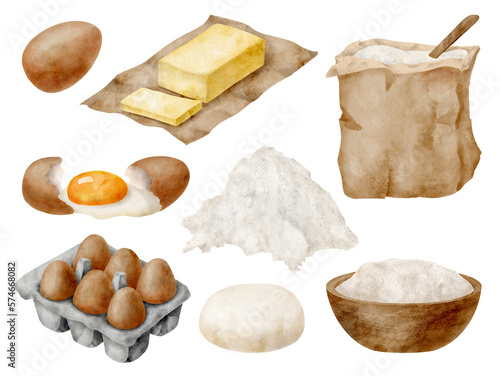 Watercolor baking ingredients set. Hand drawn flour sack and bowl, dough, eggs and butter isolated on white background. Cooking pastry elements. Kitchen clipart for bakery logo, blog, recipe book
