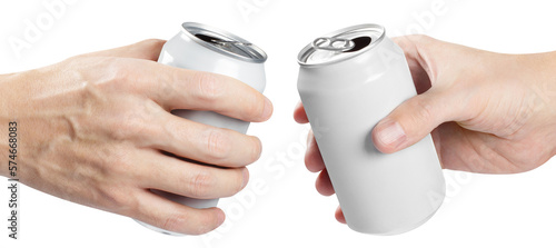 Hands with aluminum beer cans cut out photo