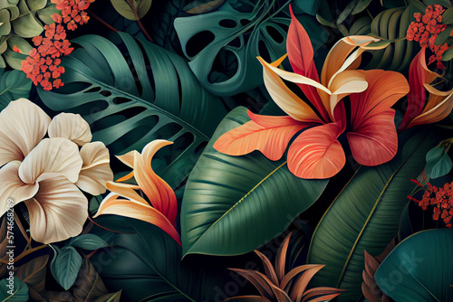  Abstract pattern with beautiful tropical flowers. Created with Generative AI © blina
