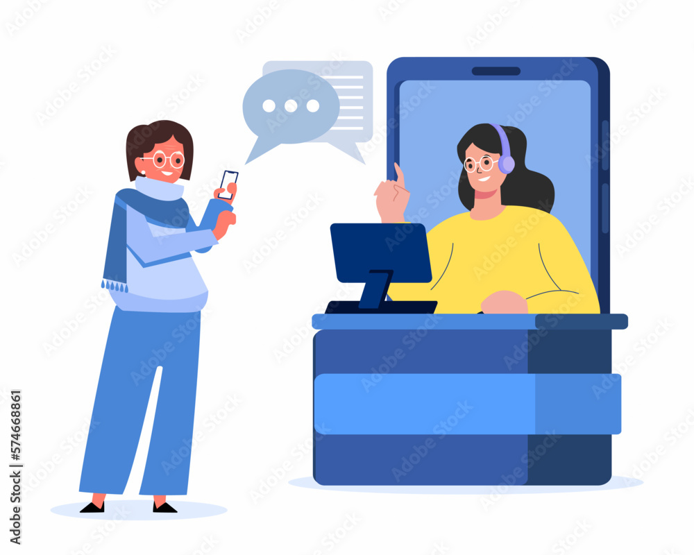 Female hotline operator advises client via online, online technical support concept. Female hotline operator advises client via online, online technical support concept.