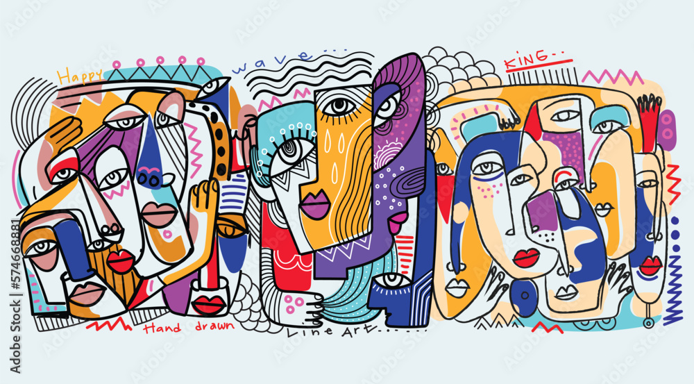 Fototapeta premium Large group of various people abstract face portrait, shapes,doodle,line, hand drawn vector illustration.