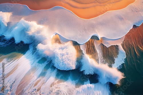 Waves crashing on the beach, warm evening light, reflections of light in the waves, aerial view from a drone. AI