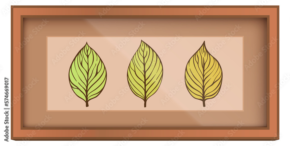 Three leaves picture in wooden frame. Decorative wall furniture