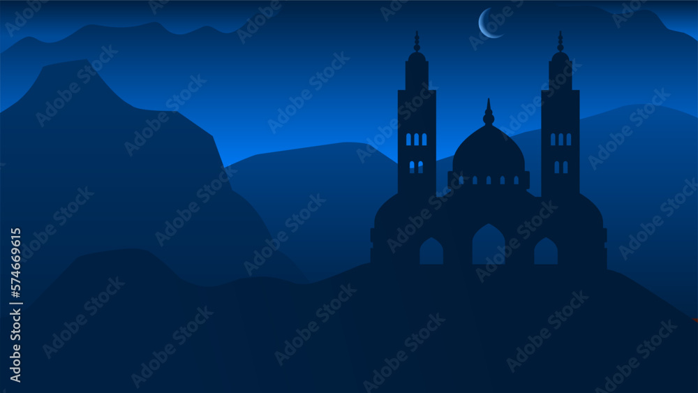 Silhouette landscape of mosque with shiny blue sky for ramadan design graphic. Background illustration of Islamic mosque in the hill for ramadan celebration in muslim culture and islam religion