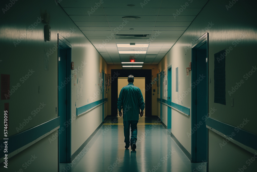 the doctor walks along the empty corridor of the hospital back view illustration Generative AI the doctor walks along the empty corridor of the hospital back view illustration Generative AI