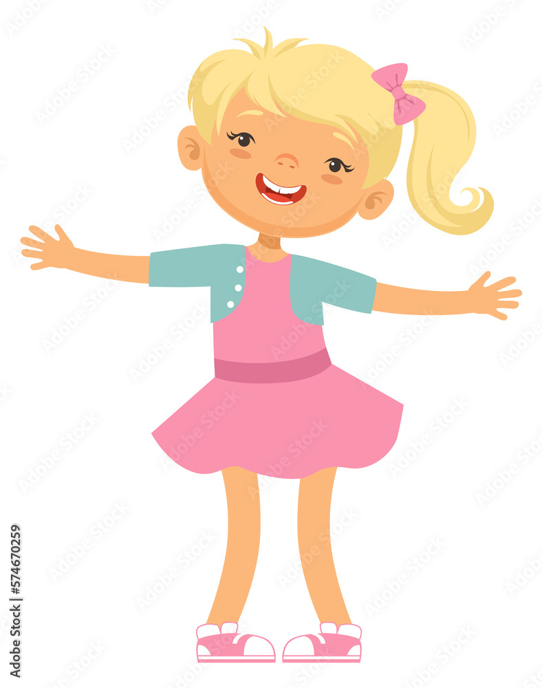 Cheerful girl character. Happy actve cartoon child Cheerful girl character. Happy actve cartoon child