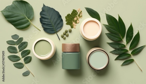 Natural Bottle Mockup Cosmetic Product Banner Skincare Cream Beauty Green Leaf Background. Generative AI