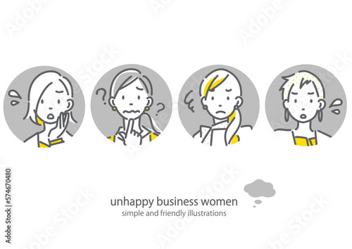 悩みの多いビジネスウーマン　丸形アイコン　働く女性　シンプルでお洒落な線画イラスト