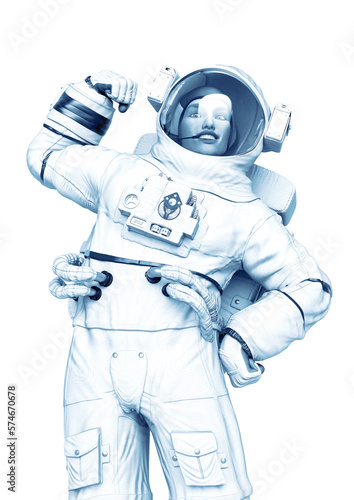 astronaut doing a power force pose in a white background