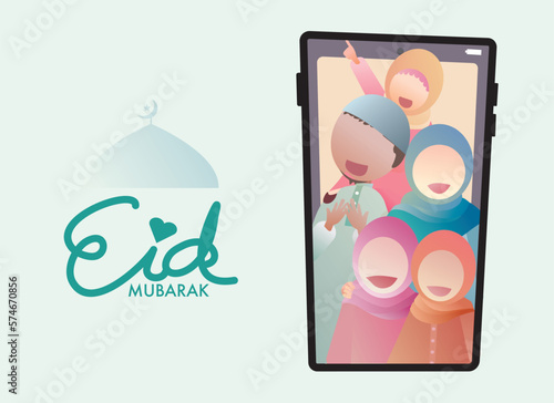 Happy Muslim family man and girls with wearing hijab blessing Eid Mubarak festival through online video call.Family love, relationship, support, communication on distance. Vector illustration.
