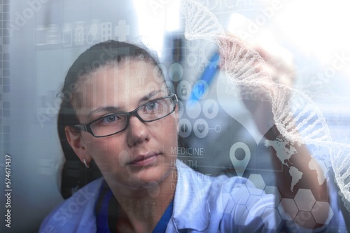 Scientists man with molecule of DNA on background.