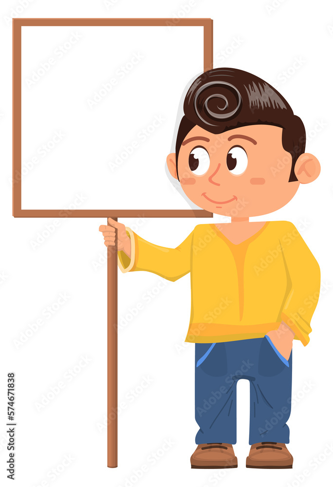 Square banner in kid hands. Fuuny cartoon kid with placard Square banner in kid hands. Fuuny cartoon kid with placard