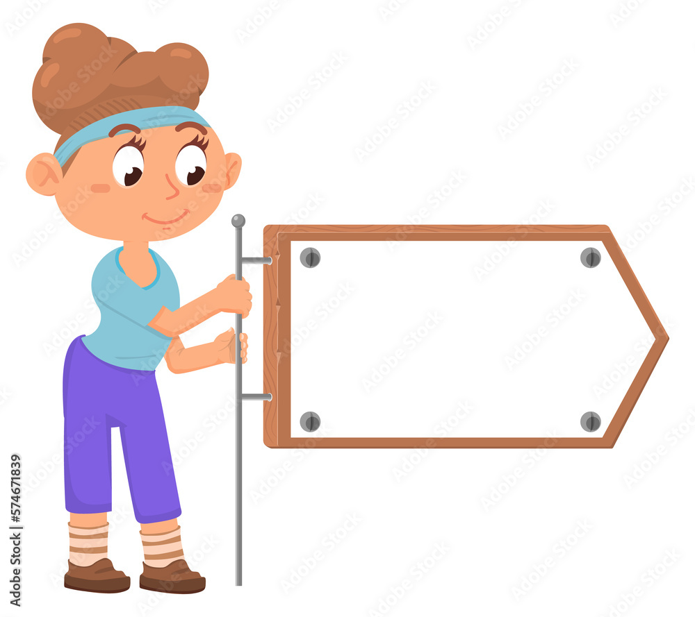 Girl with arrow sign. Cartoon kid banner template Girl with arrow sign. Cartoon kid banner template