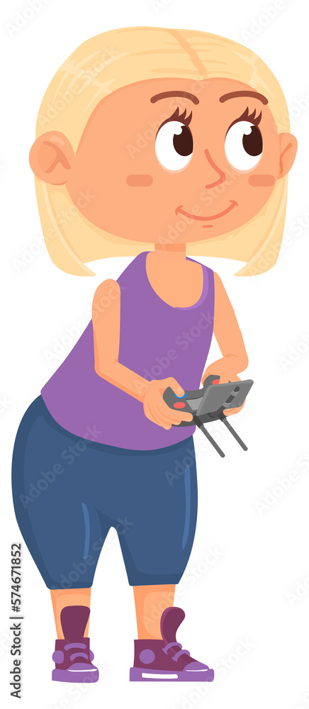 Girl holding remote control device. Cartoon kid Girl holding remote control device. Cartoon kid