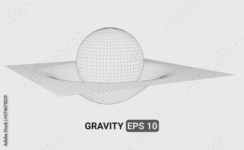 3D illustration of a wireframe mesh representing a gravity field distorting the space-time fabric