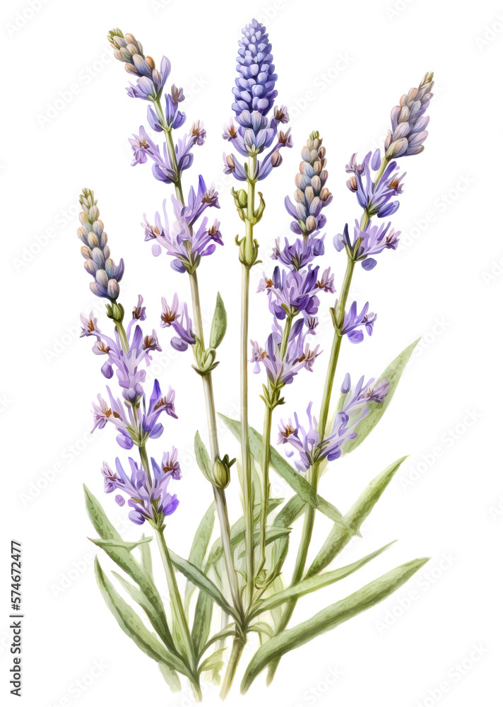 Fototapeta premium Lavender (Lavandula angustifolia) flowers isolated on white background. Generative AI watercolor illustration