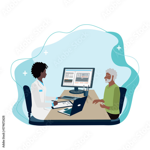 A patient in a doctor's office tells the symptoms, and the doctor writes down the prescription or diagnosis. Thank you doctors and nurses. Vector illustration in a flat style.