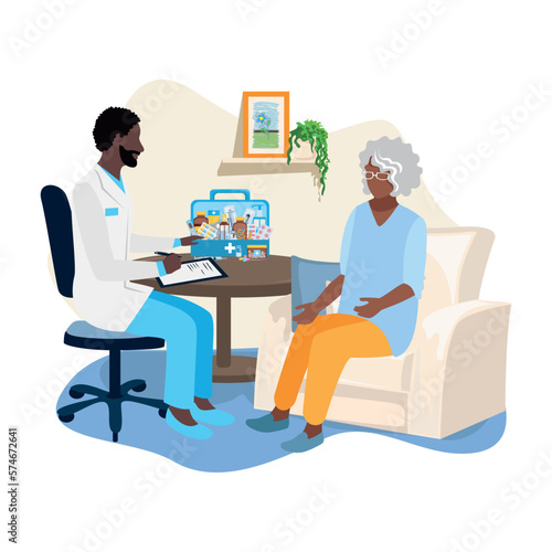 Doctor provide medical care to an elderly patient at home. Call an ambulance at home. Thank you doctors and nurses for saving lives. Vector illustration.