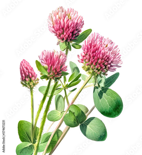 Red clover plant isolated on white. Generative AI illustration in detailed watercolour style