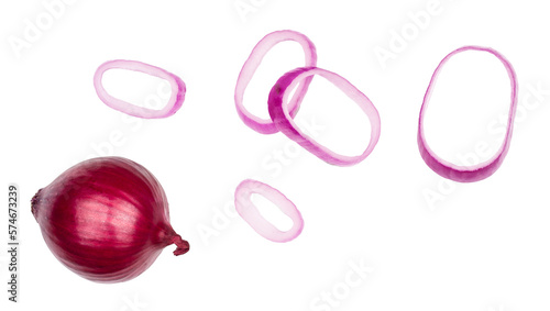Red onion and slices isolated on a white background, top view.