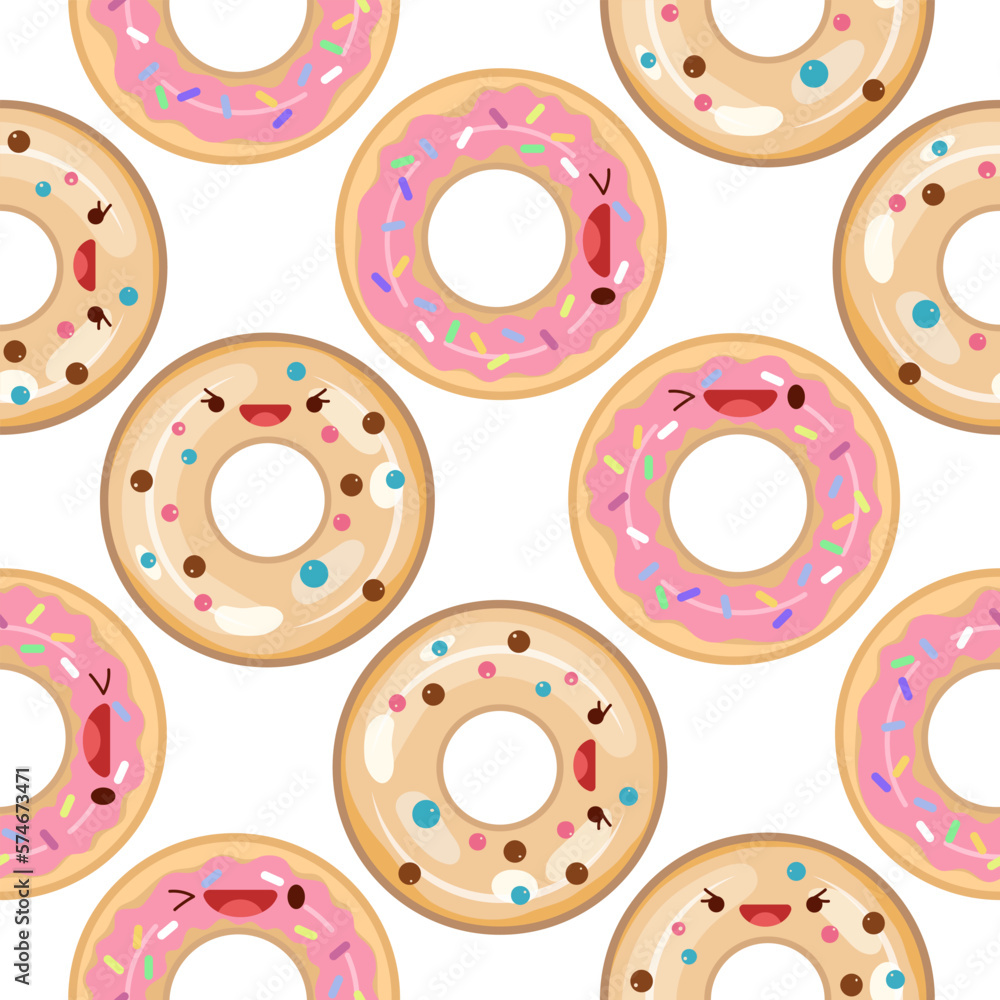 Fototapeta premium Cute donuts seamless pattern. Vector illustration. Food icon concept. Flat cartoon style.
