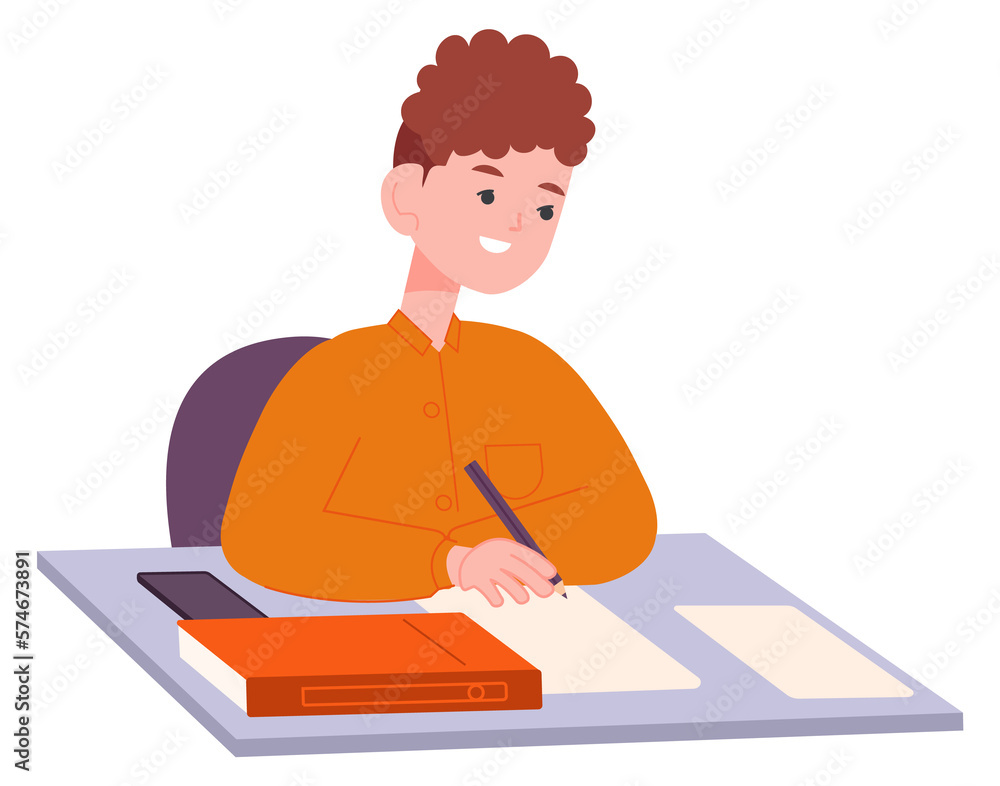 Boy doing homework at desk. Kid writing. Child studying