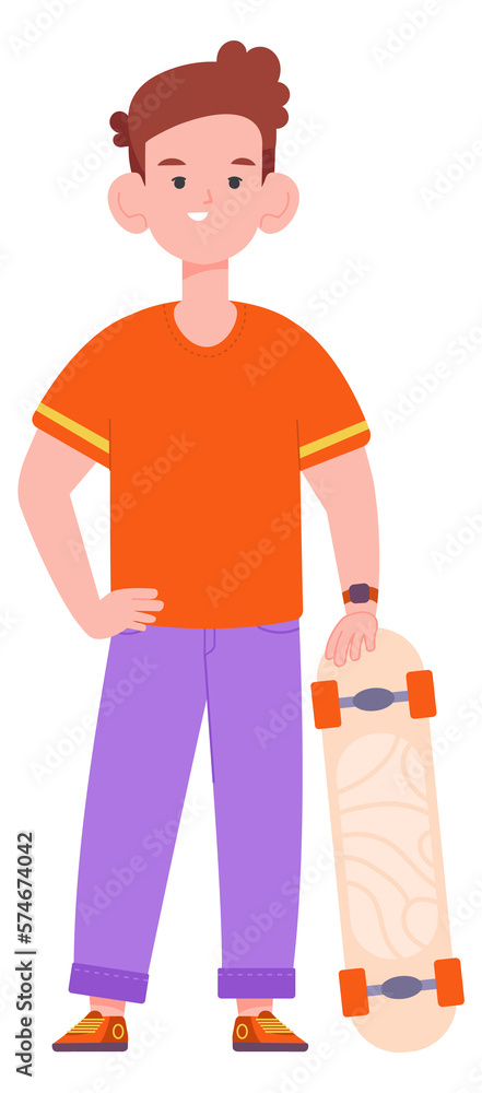 Happy kid with skateboard. Active boy. Cartoon child Happy kid with skateboard. Active boy. Cartoon child