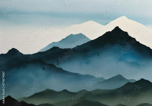 Mountains in the fog, illustration in watercolor style. AI generative.
