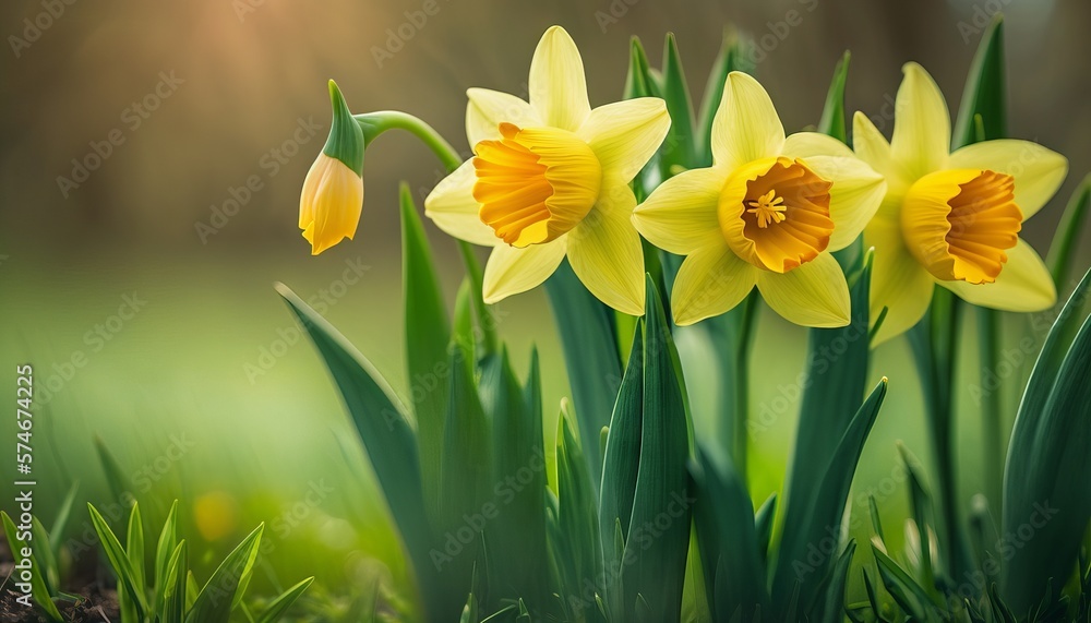 Yellow Daffodils Flowers closeup on green background. Generative ai Yellow Daffodils Flowers closeup on green background. Generative ai