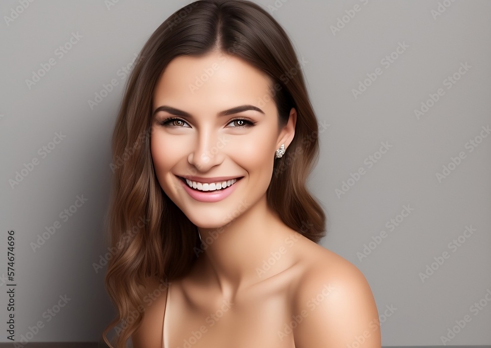Beautiful woman smilling, brunette beauty smooth skin, naked portrait on gray background. created by Generative A.I Beautiful woman smilling, brunette beauty smooth skin, naked portrait on gray background. created by Generative A.I
