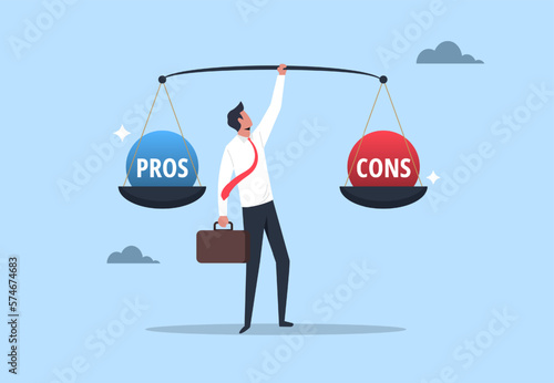 Pros and cons concept, businessman holding scales with pros and cons on it, advantages and disadvantages comparison, good and bad symbol, consideration for making decision illustration
