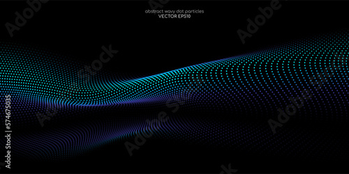 Flowing dot particles wave pattern 3D curve blue and green gradient light isolated on black background. Vector in concept of AI technology, science, music.