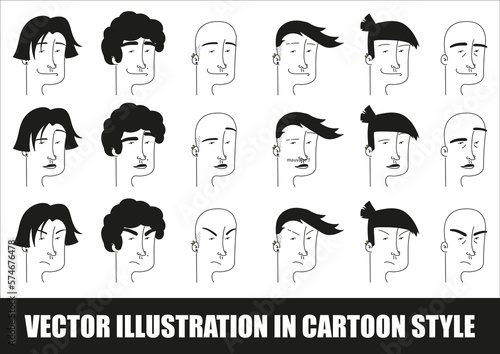 Ensemble de visages avec des coiffures et expressions différentes, dessiné à la main, vecteur