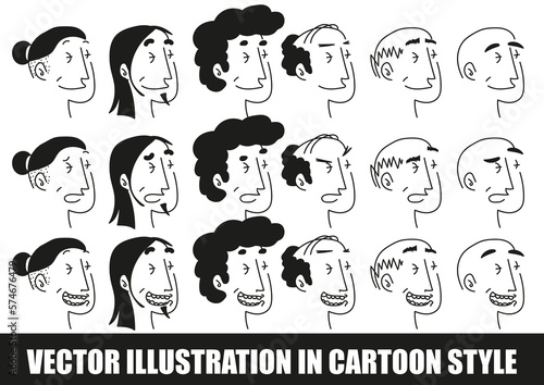 Ensemble de visages avec des coiffures et expressions différentes, dessiné à la main, vecteur
