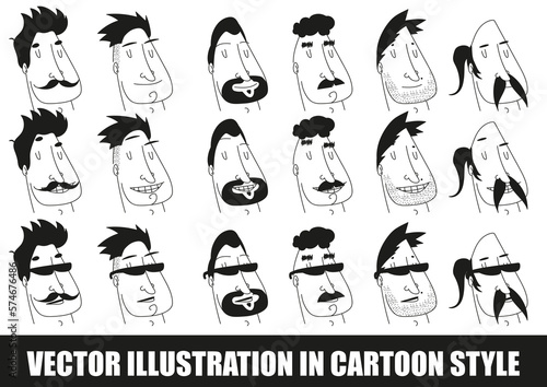 Ensemble de visages avec des coiffures et expressions différentes, dessiné à la main, vecteur