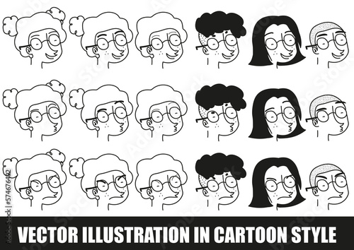 Ensemble de visages avec des coiffures et expressions différentes, dessiné à la main, vecteur
