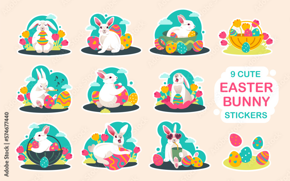 Stickers with Easter bunnies, spring flowers and colored eggs. Easter spring elements. Vector flat illustration.