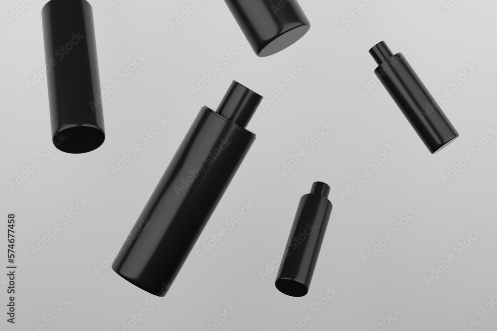 Black Plastic Shampoo Multiple Cosmetic Bottle Mockup. 3D Rendering Black Plastic Shampoo Multiple Cosmetic Bottle Mockup. 3D Rendering