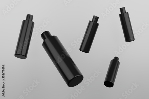 Black Plastic Shampoo  Multiple Cosmetic Bottle Mockup. 3D Rendering