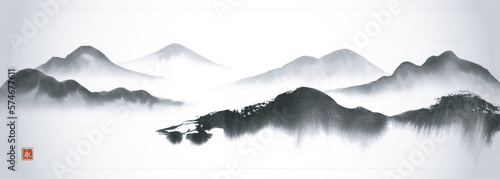 Ink wash painting with mountains in fog. Panoramic landscape in traditional oriental ink painting sumi-e, u-sin, go-hua style. Translation of hieroglyph - eternity.