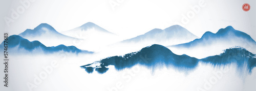 Ink wash painting with blue mountains in fog. Panoramic landscape in traditional oriental ink painting sumi-e, u-sin, go-hua in vintage style. Translation of hieroglyph - zen