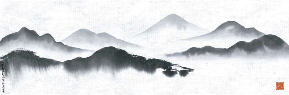 Ink wash painting with mountains in fog. Panoramic landscape in traditional oriental ink painting sumi-e, u-sin, go-hua on rice paper background. Translation of hieroglyph - eternity