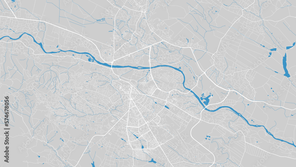 River Prut map, Chernivtsi city, Ukraine. Watercourse, water flow, blue on grey background road map. Vector illustration.