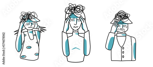 Stressed female set. Young, adult and old women suffer with stress, emotion of anxiety, cover head with hands. Line art drawing human characters.